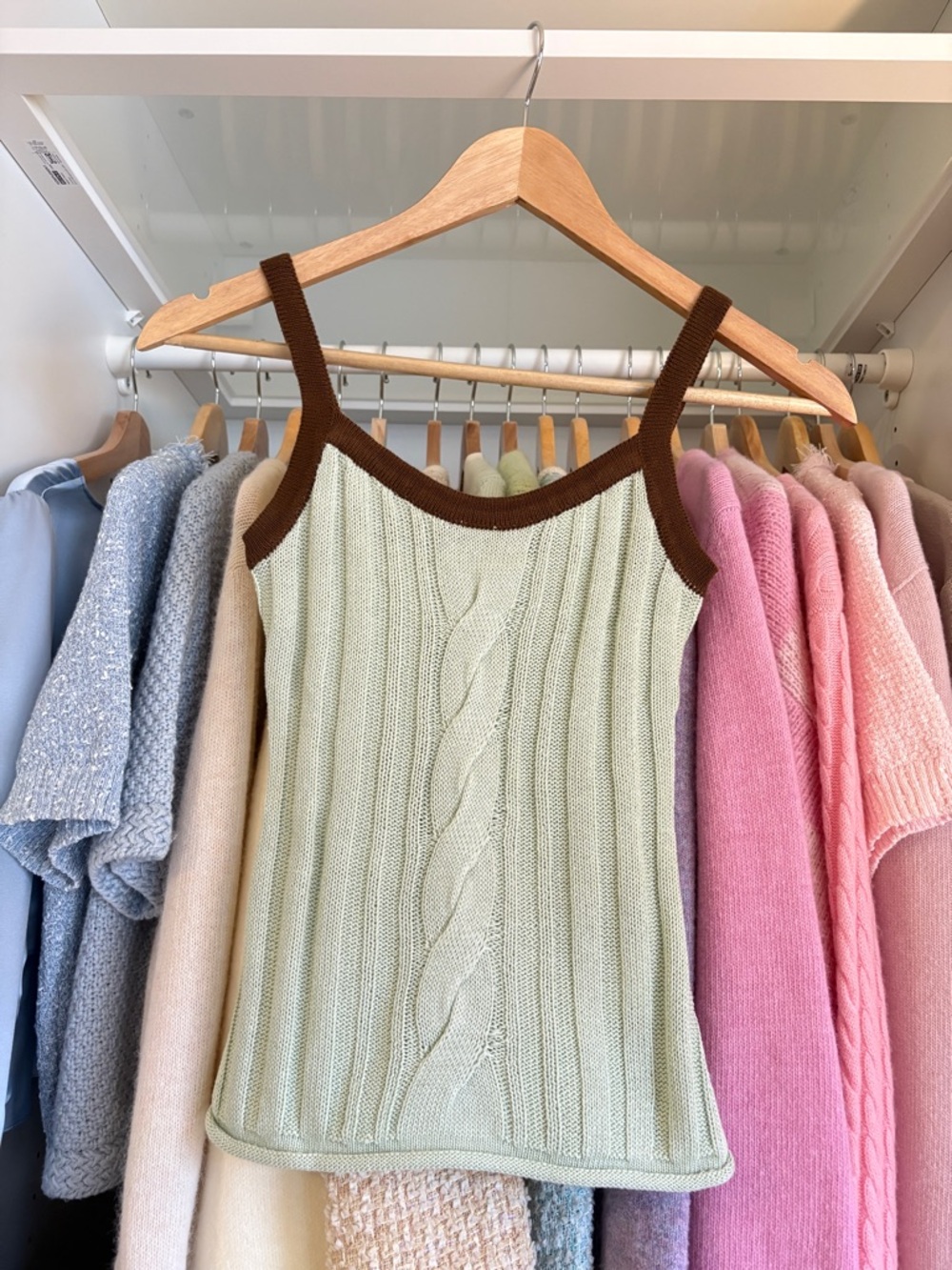 Light Sage Green Knit Cami with Brown Trim